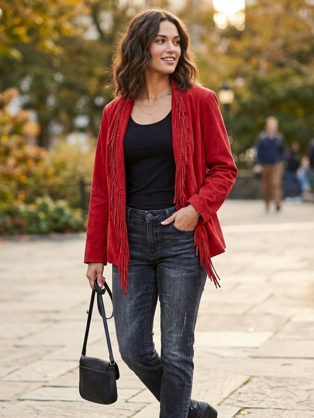 Dialogue Plus Size 100% Leather Red Fringe Collarless Jacket‎ Sz 2X